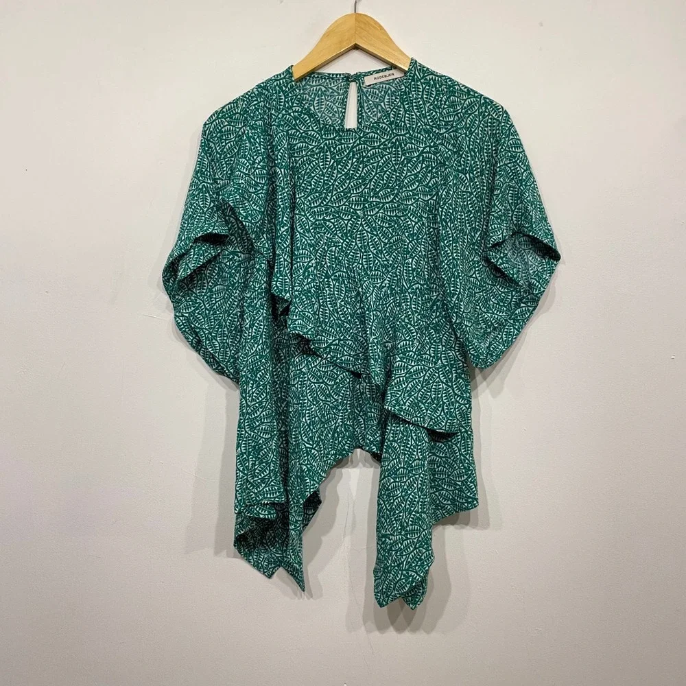 Rodebjer Andrea Green Leaf Print Draped Ruffle Blouse Top Womens XS Viscose